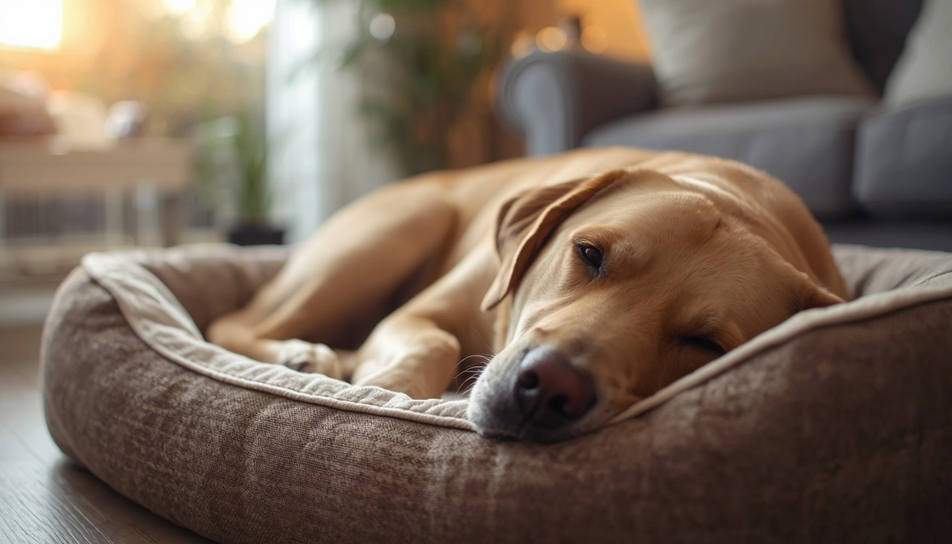 Senior golden Labrador mix with a graying muzzle resting on an orthopedic dog bed in a warm, sunlit living room