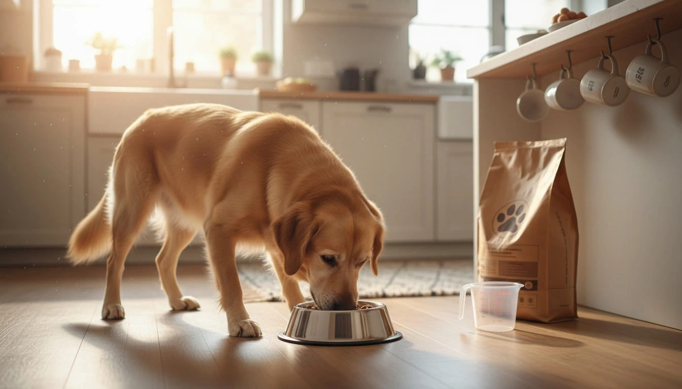 Senior dog eating a portioned meal from a bowl in a sunlit kitchen
