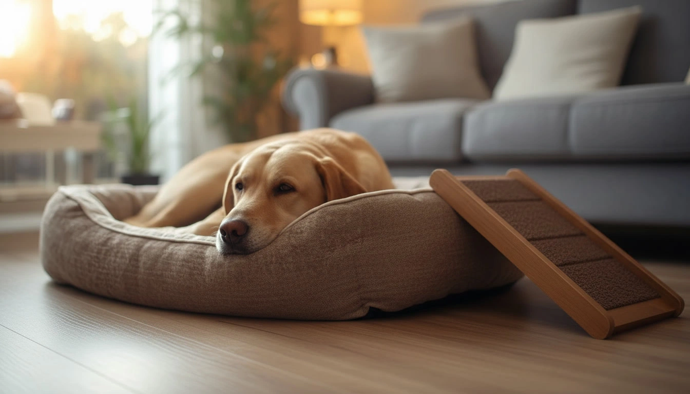 Senior dog with arthritis resting on an orthopedic bed beside a pet ramp in a sunlit living room