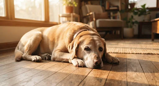 A mature dog resting comfortably in a sunlit patch on a hardwood floor