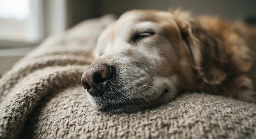 An extreme close-up of a senior dog's greying muzzle resting on a soft blanket